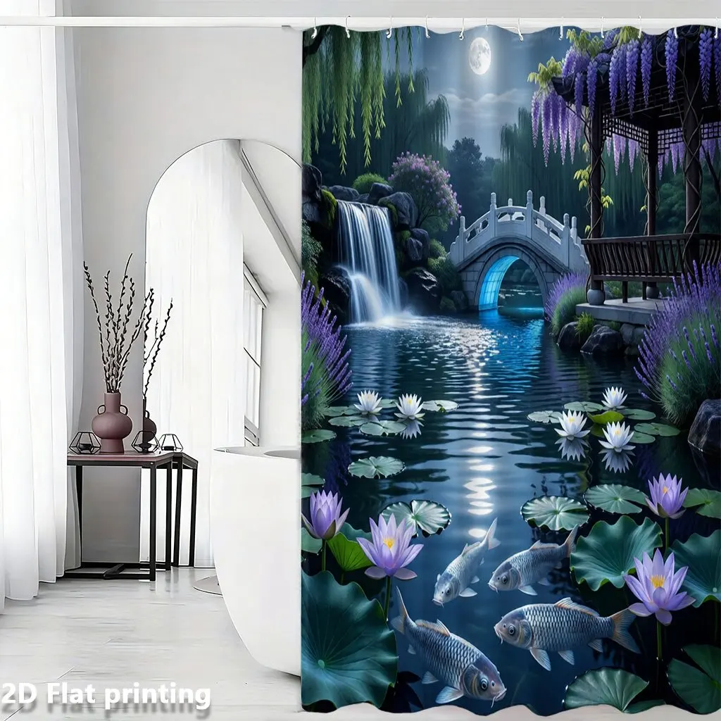 Realistic Japanese Garden Waterfall Bathroom Shower Curtain Waterproof Floral Pond Scene Home Decor
