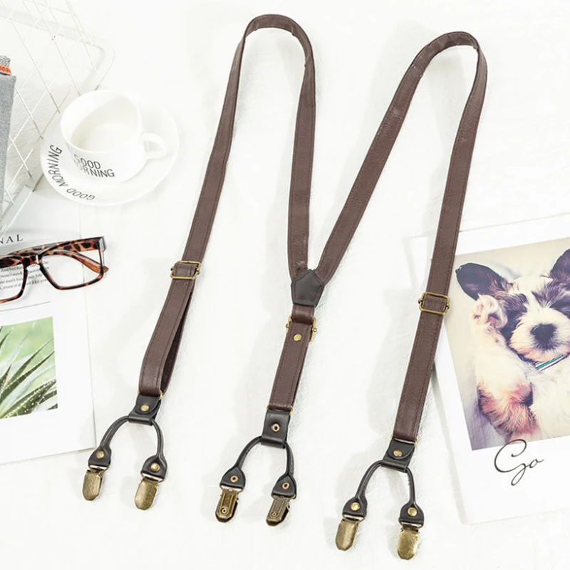 Heavy Duty Suspender Clips Men Pants Black Coffee Vintage PU Leather 6 Strap Clip 1.8*120cm Metal Copper Buckle Trousers Braces