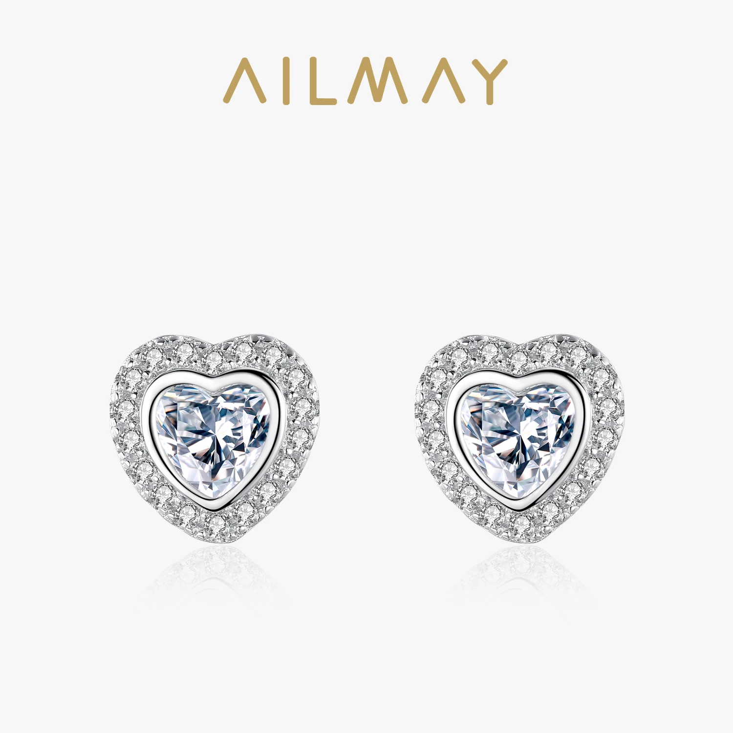 Ailmay 925 Sterling Silver Classic Luxury Love Heart Shape Stud Earrings Clear Zircon for Women Wedding Engagement Jewelry Gift