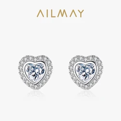 Ailmay 925 Sterling Silver Classic Luxury Love Heart Shape Stud Earrings Clear Zircon for Women Wedding Engagement Jewelry Gift