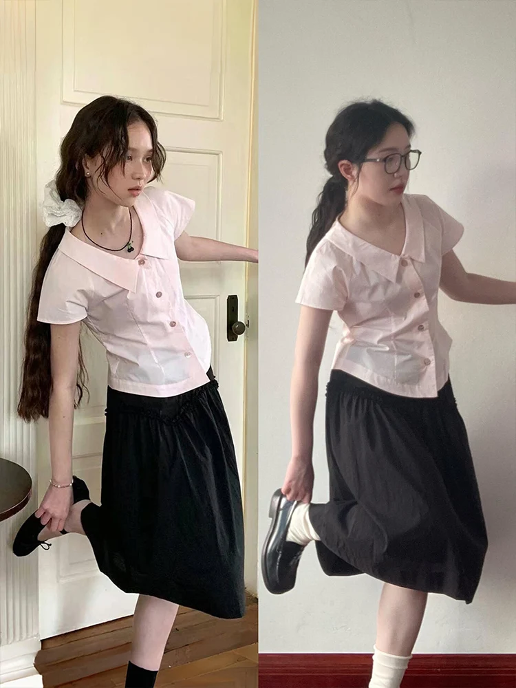 

Sweet Sle Pink ort Sve irt Women's Summer Slim Fit ort Length College Faion Sweet Top Braided Hair Accories