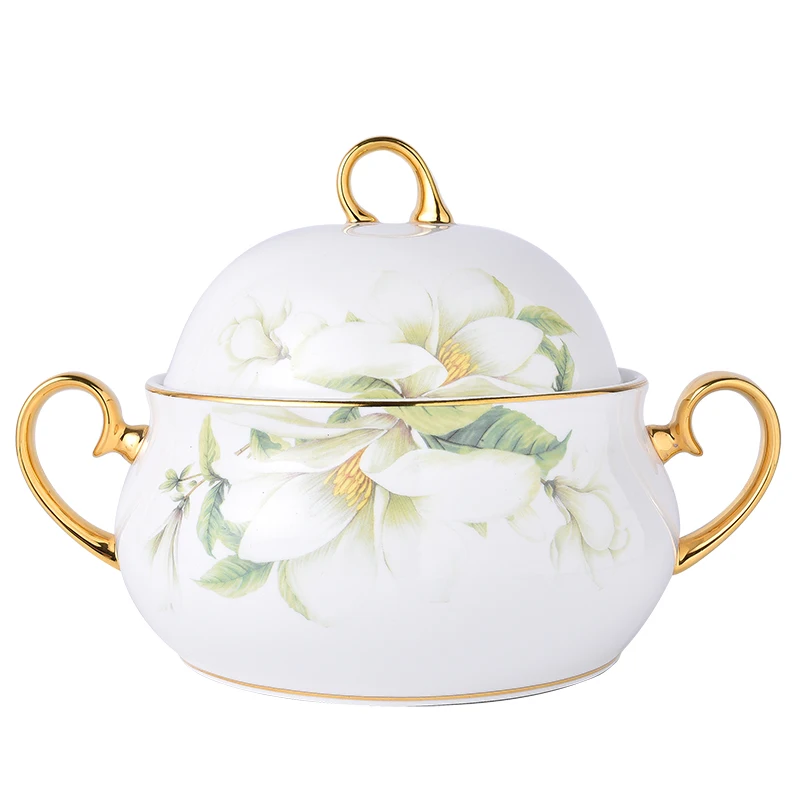 Bone china Lily Flower Pattern Soup Pot Product Pot Soup Basin Soup Bowl Round Large Ceramic Pot Tableware with Cover