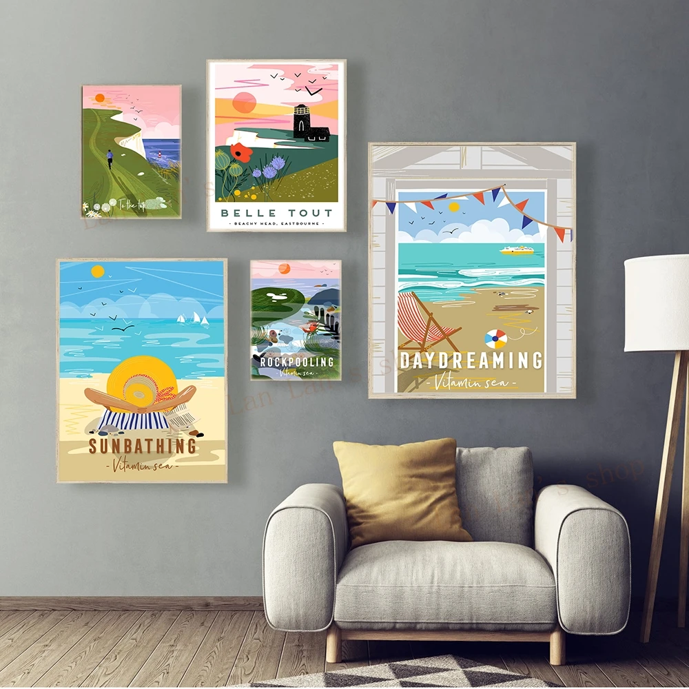 Beach Sunbathing Poster Daydream Beach Hut Print Run to Top Beach Head Canvas Painting Wall Picture Nordic Living Room Decor