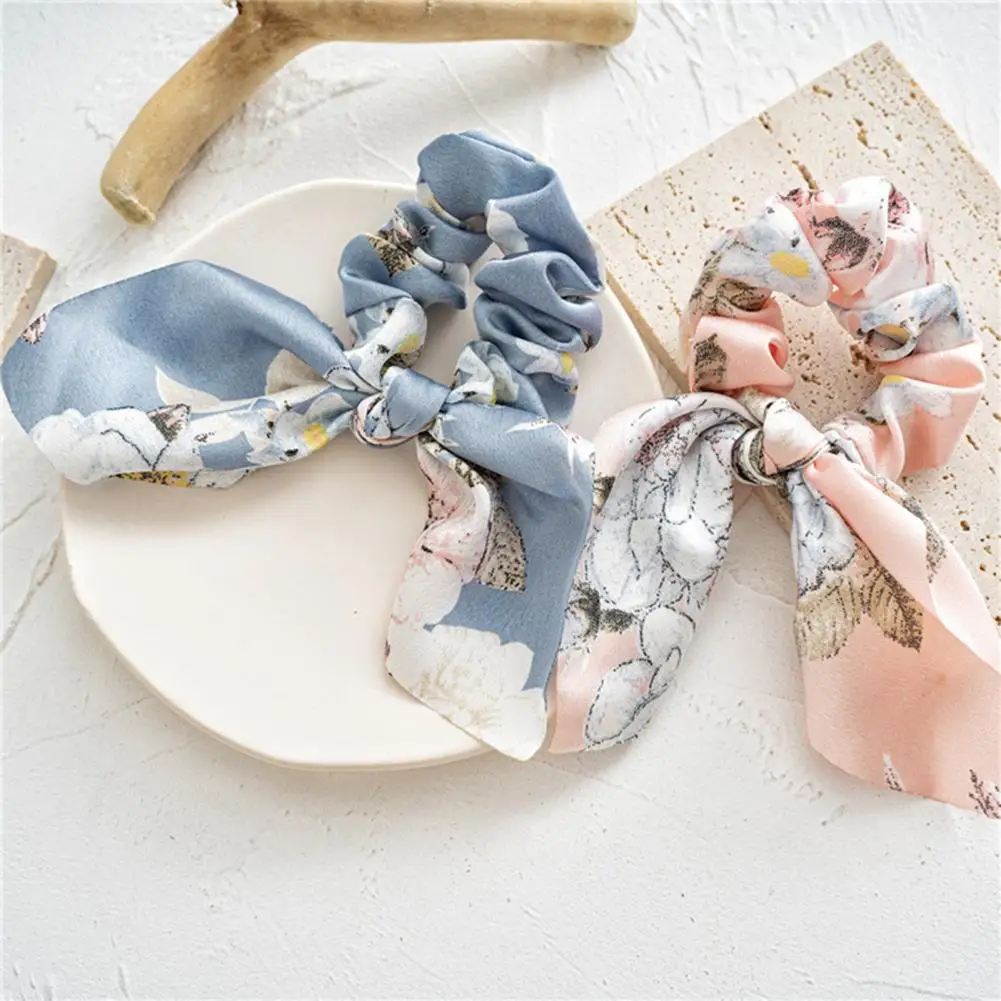 Women Hair Rope Smooth Satin Fabric Bow Ponytail Holder Flower Print Elastic Hair Band For Daily Wear