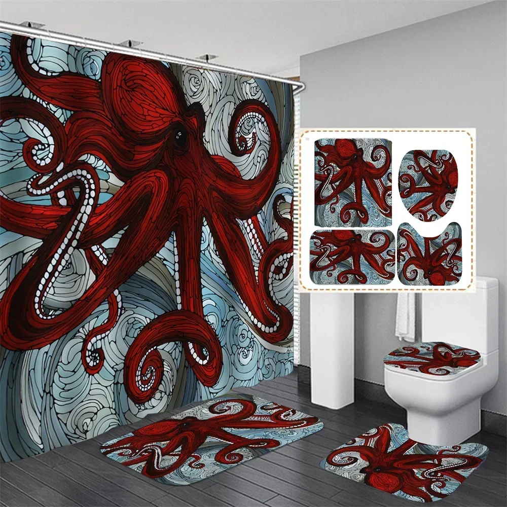 Ocean Monster Octopus Print Shower Curtain Set Waterproof Bathroom   with Rugs Toilet Cover Mat for  Decor