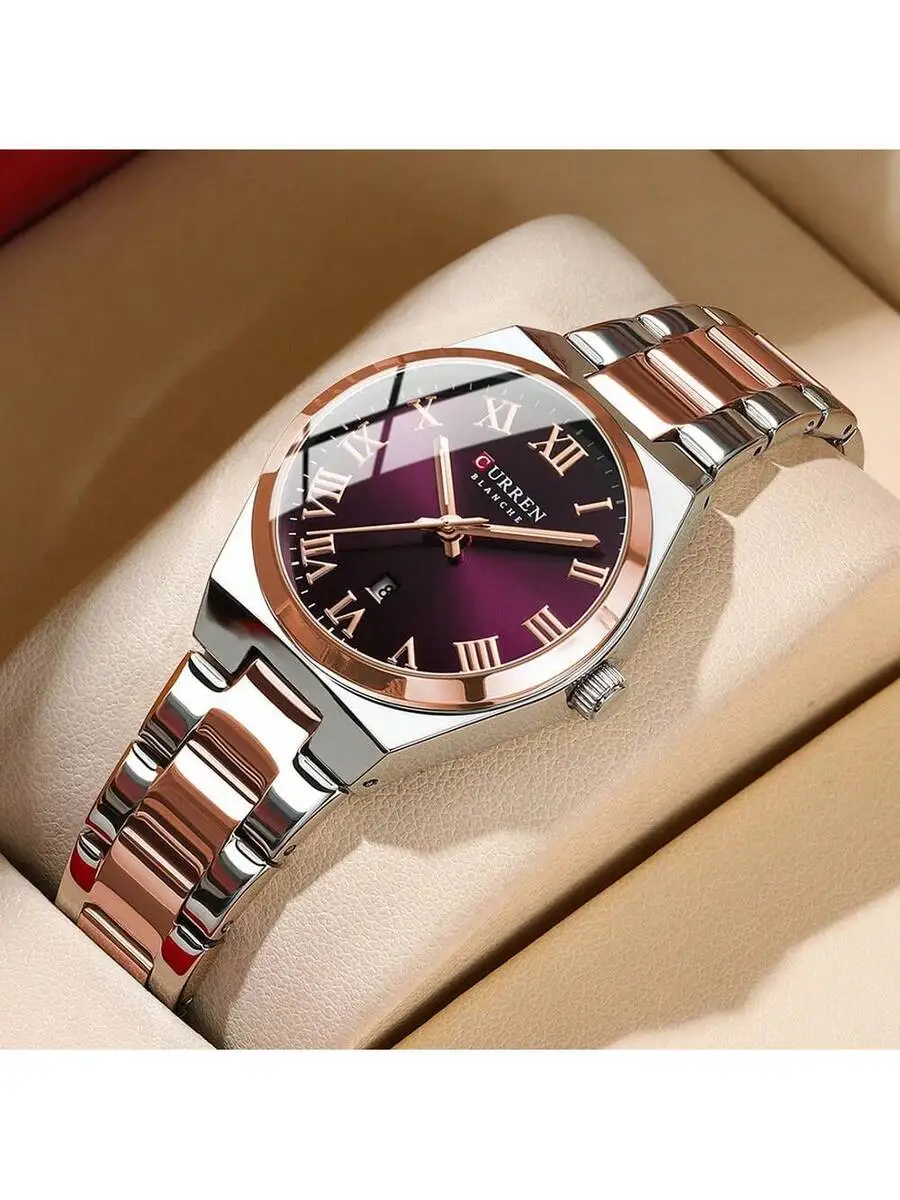 CURREN Women's Stainless Steel Band Rose Gold Calendar Waterproof Casual Fashion Watch, Gift