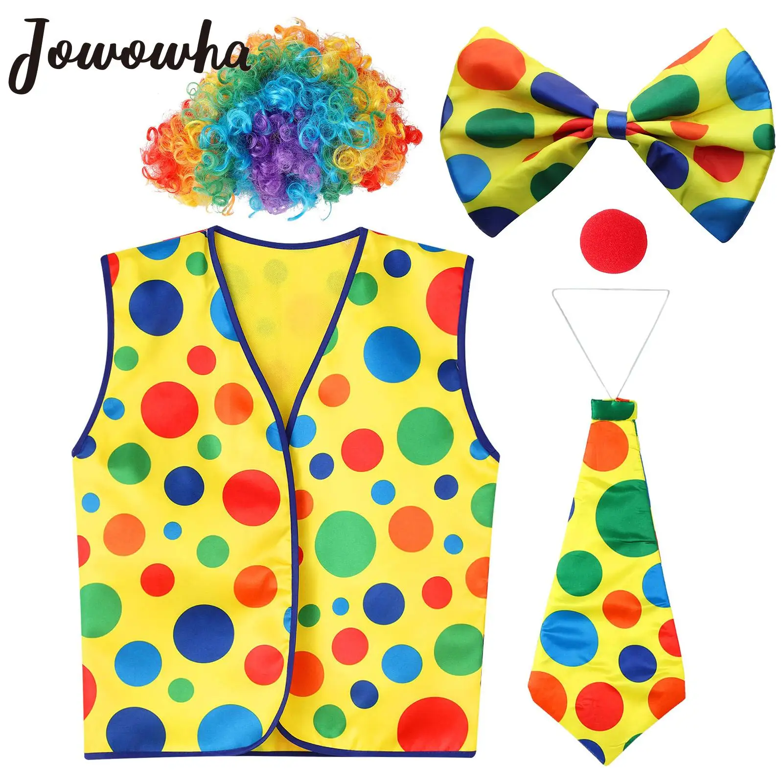 

Adult Funny Clown Costumes Halloween Circus Cosplay Jester Party Performance Colorful Dots Vest Tie Bow Gloves Curly Hair Wig