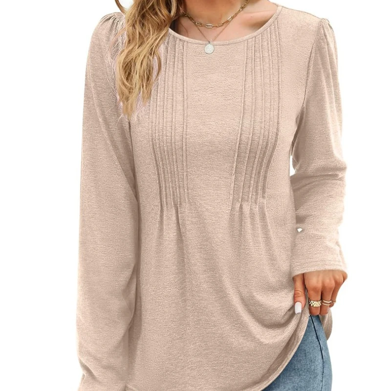

Autumn and Winter 2025 Solid Color Round Neck Long Sleeve T-shirt Women's Commuter Top