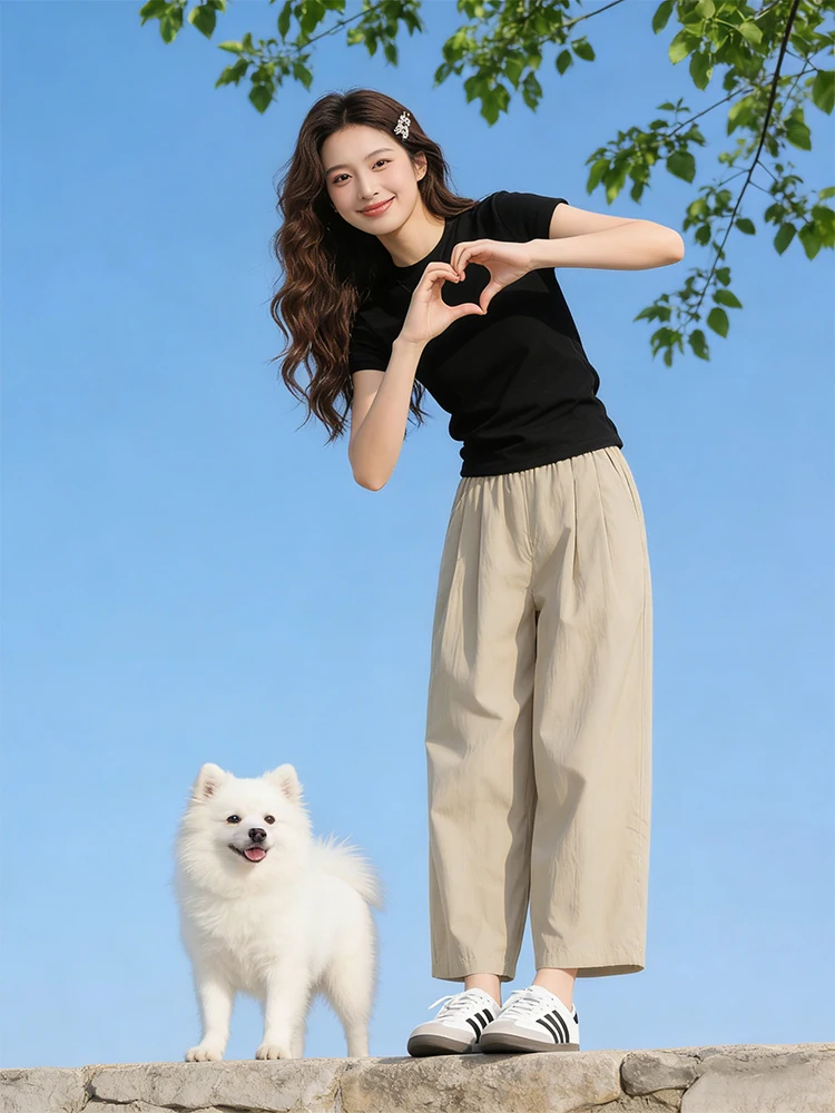 

Sla Feeling Mountain Women's Wide Leg Pants Summer 2026 New Casual Loose High Slimming Pants Long Sve round Ne T-irt...