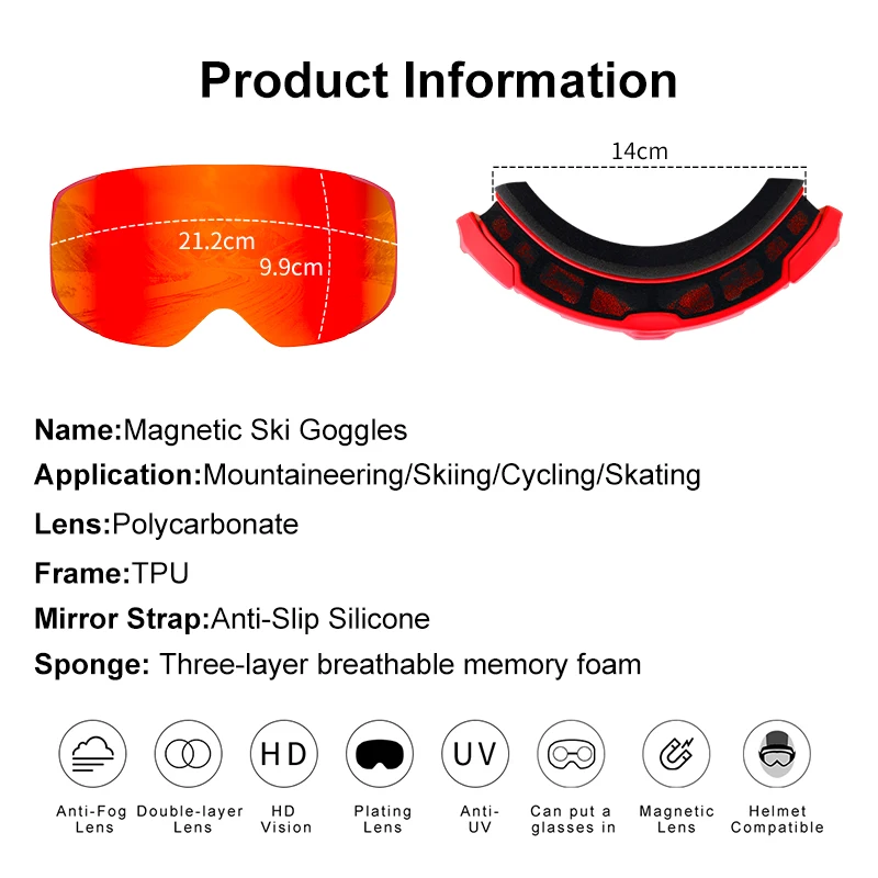 PHMAX Magnetic Ski Goggles UV400 Protection Snowboard Glasses Men Winter Double Layers Skating Skiing Snow Goggles