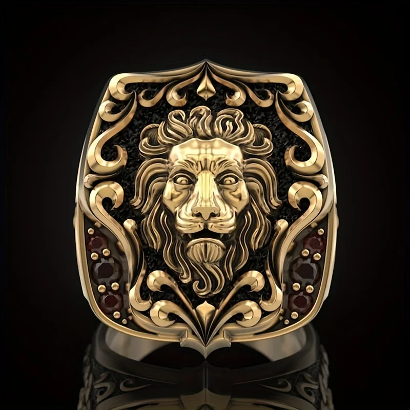 Luxury 14K Gold Plated Engraved Lion Rings for Men Red Zircon Stone Wide Version Rock Punk Domineering Ring Retro Finger Jewelry