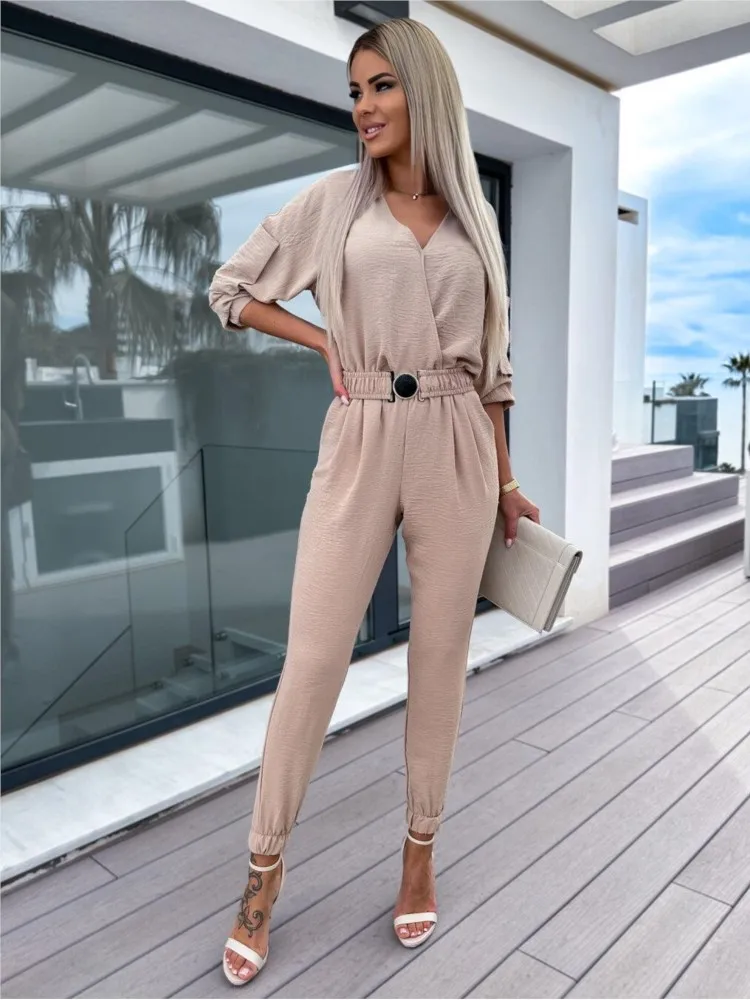 

Women Solid Color V-neck Belt Pocket High Waist Slim Jumpsuits Fashion Casual Commuting Ladies Bodysuits Jumpsuit Woman