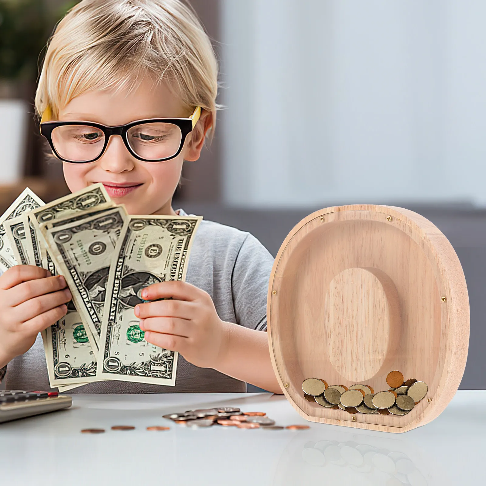 Wooden Piggy Bank Letter O Shaped Large Capacity Money Saving Pot Rustic Wood Coin Bank for Money Saving Pot