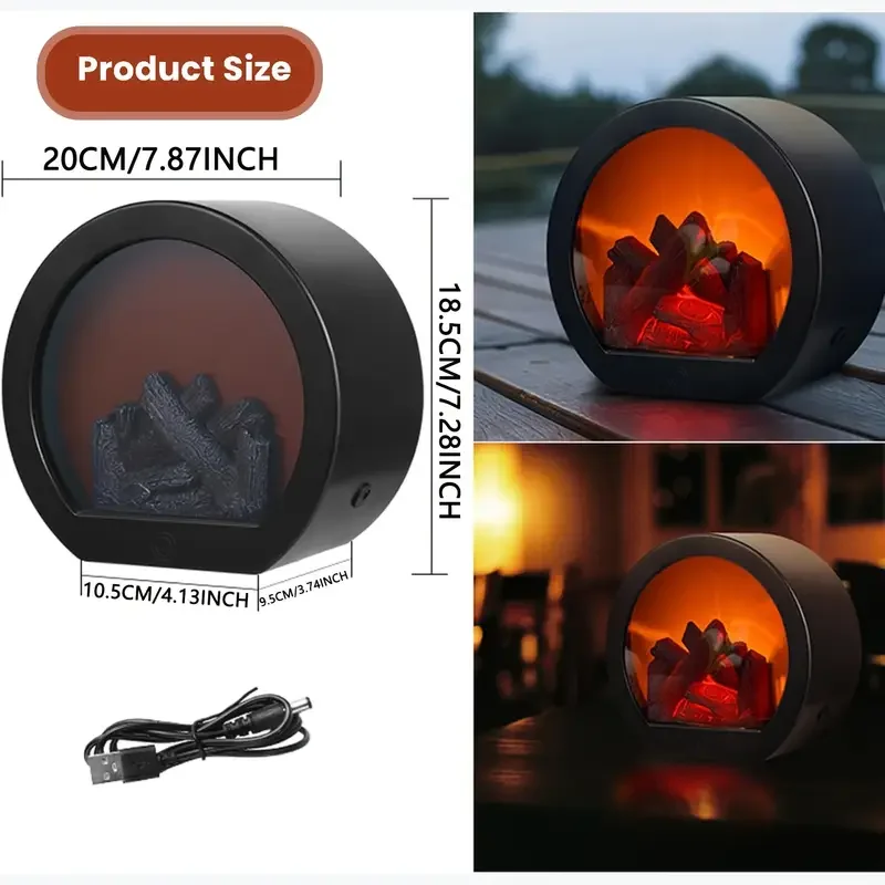 Lampa kominkowa LED z realistycznym efektem płomienia, styl vintage, zasilana przez USB lub baterie, do dekoracji wnętrz na Boże Narodzenie i Halloween.