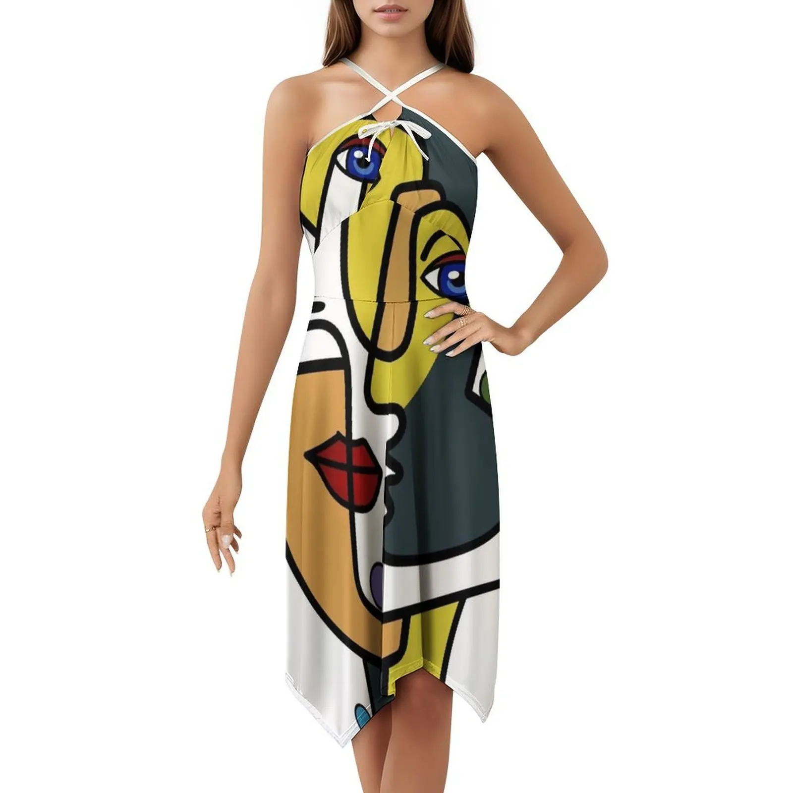 التكعيبية هندسية غريبة امرأة صورة الفن مثير عطلة فستان للنساء شاطئ حفلة عيد ميلاد فستان قصير مجردة التكعيبية