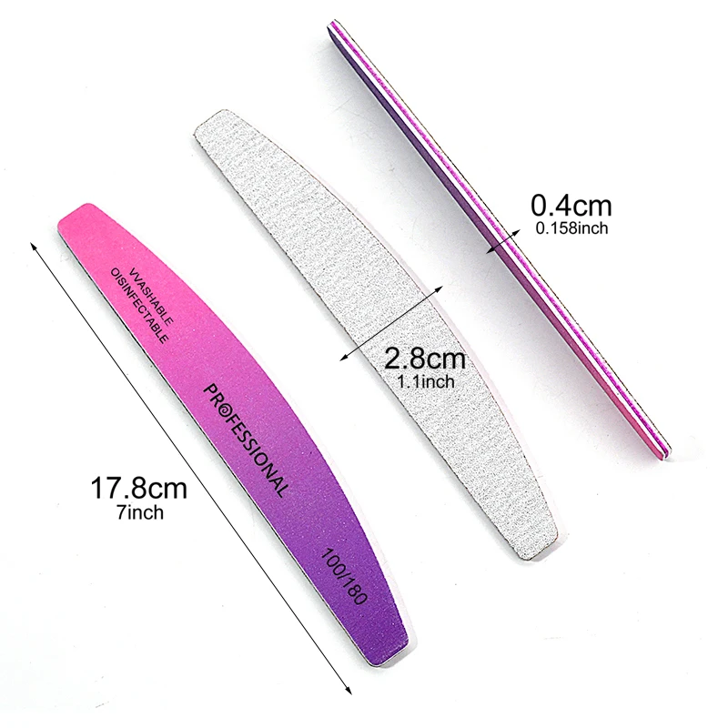 2 Pcs/lot Rainbow Half Moon Nail Tools Professional Material Nail File100 180 Washable Acrylic Filing Fingernail Products Buffer