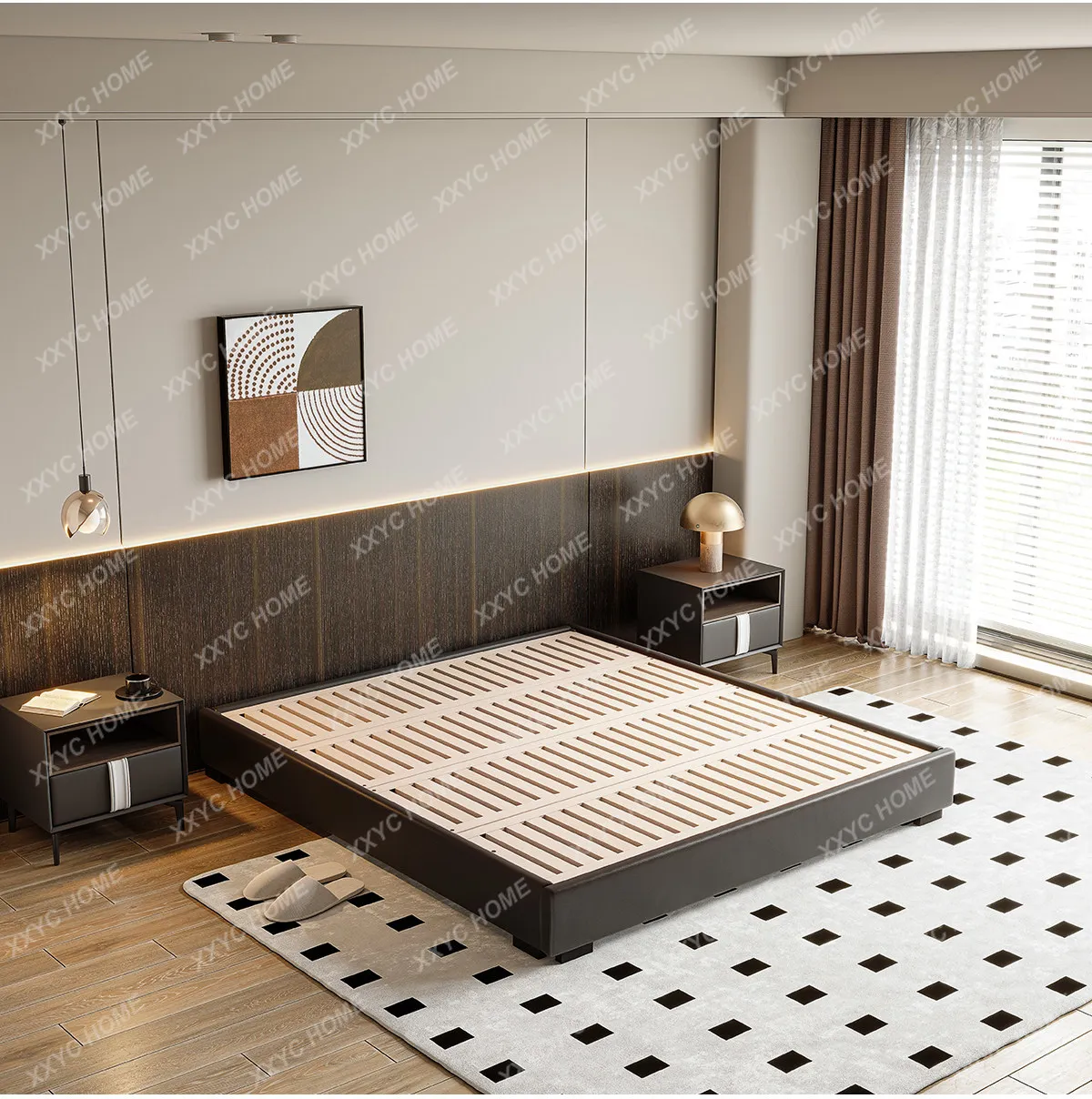 Bedless master bedroom floor solid wood  minimalist small apartment space saving flush edge bed