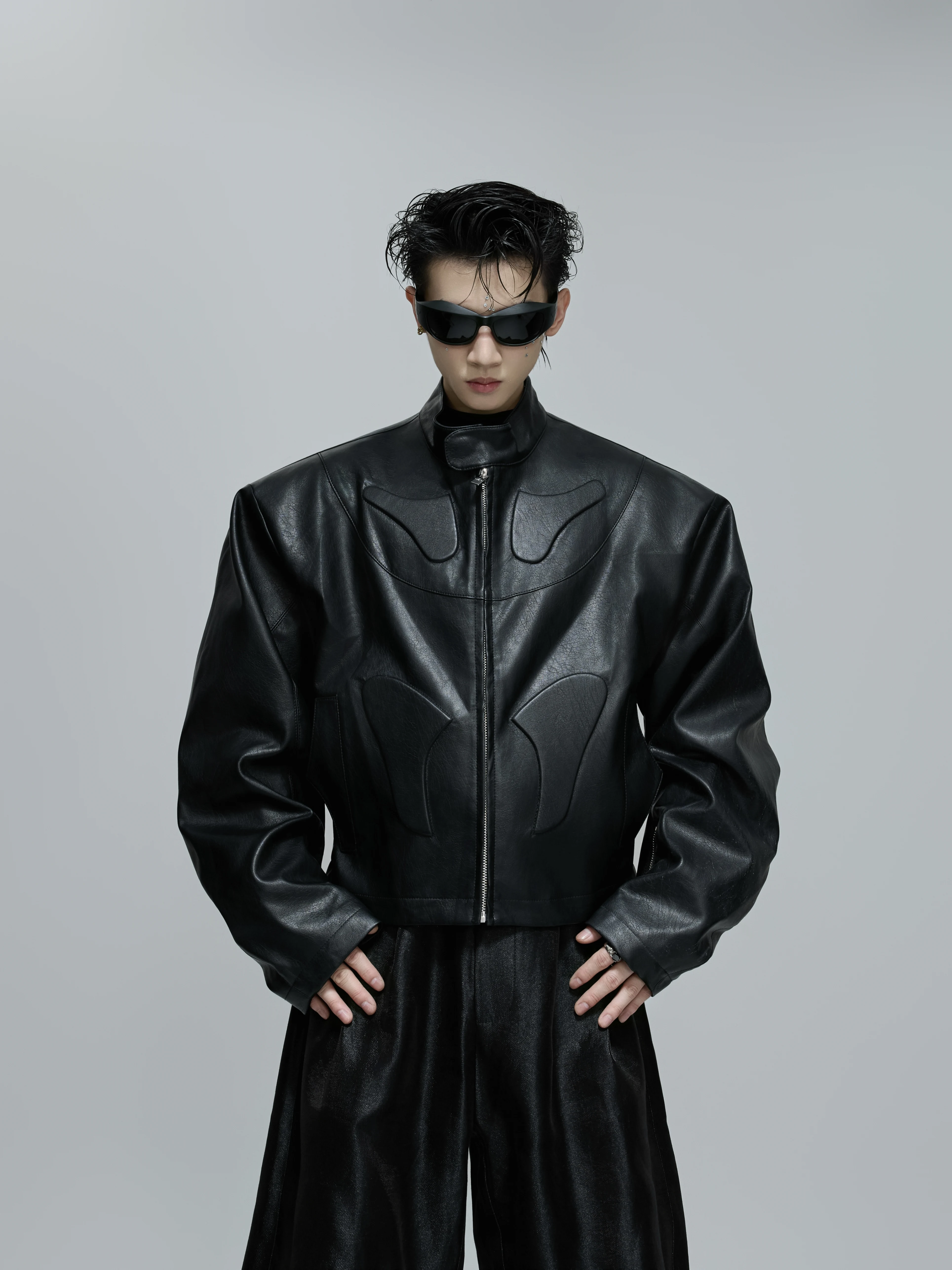 ArguE CulturE Men's Motorcycle Jacket Deconstructed Stand Collar 3D Relief Leather Coat Fashionable Urban Style Short Coat