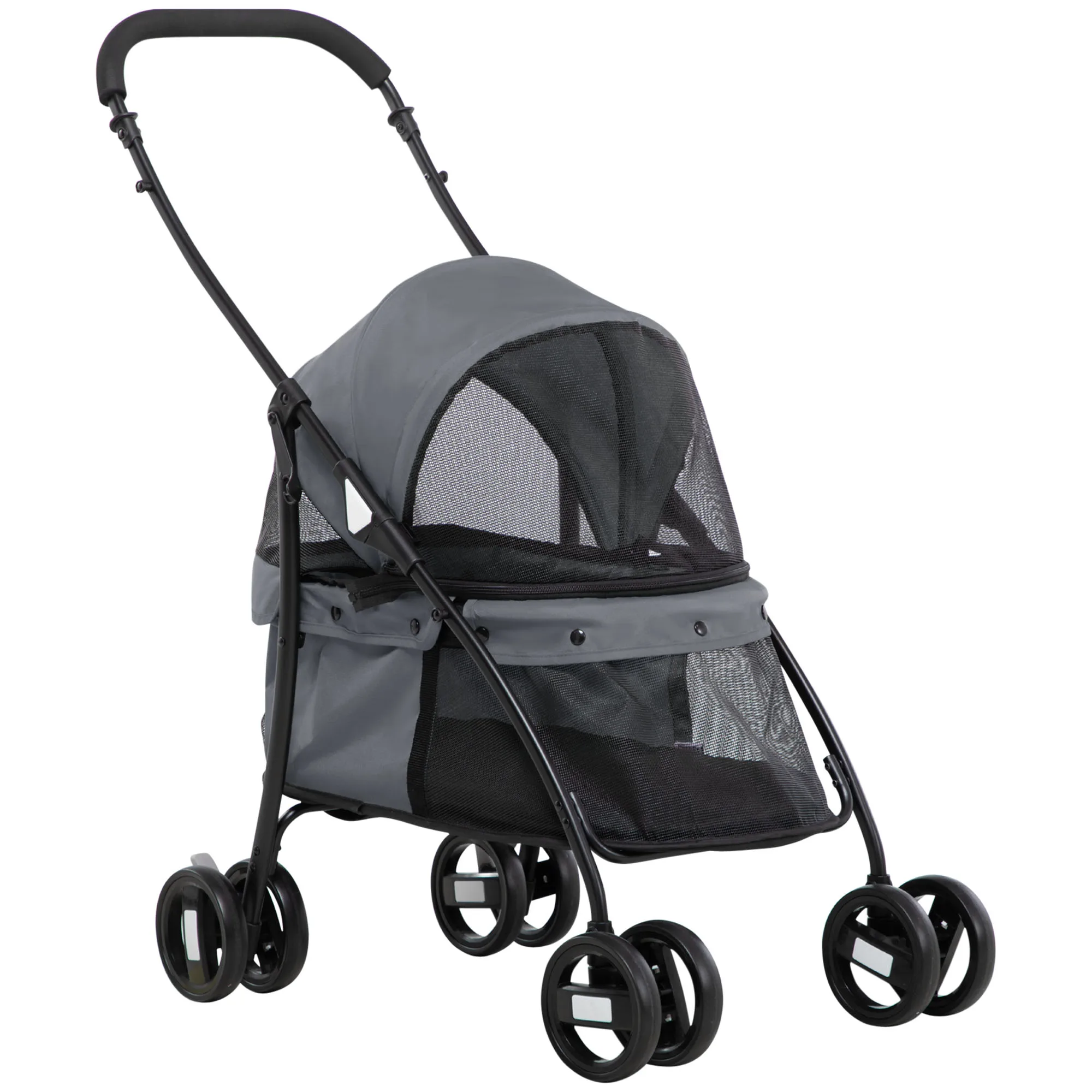 Carrello per cani pieghevole Pawhut con cuscino lavabile con finestre in rete grigio