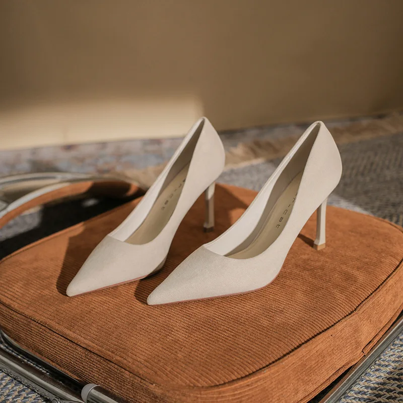 

Sharp pointed high heels for women, slim heels, spring new style suede, fashionable Korean style commuting single shoes