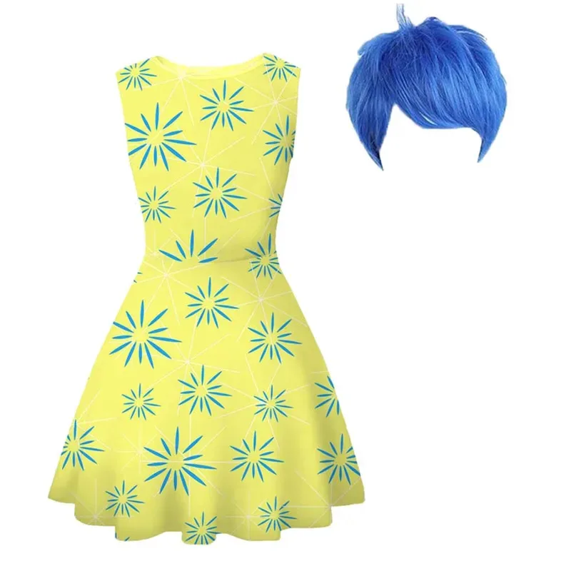 Cartoon Joy Princess Dress for Girls Disgust Cosplay Costume Wig Halloween Carnival Birthday Dress Up Movie Inside Out 2024