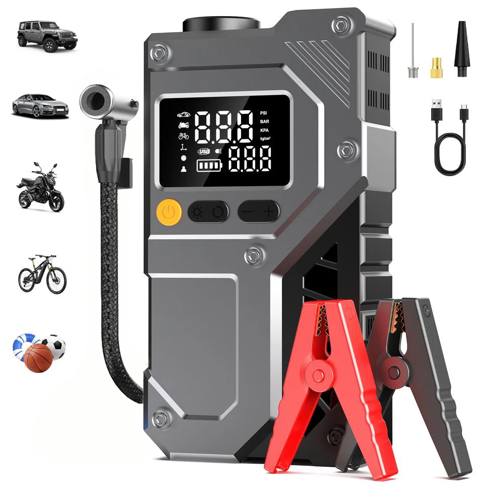 YIJU Smart Digital Display Jump Starter & Air Pump Combo Portable Electric Tire Inflator, Emergency Car Booster with 12V Starter