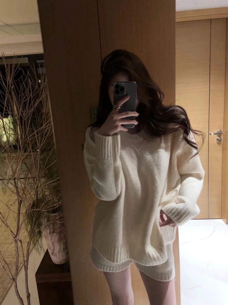 Ele Gentle Simple Color Long Sve Maglieria da donna 2025 Nuovi pantaloni ort versatili Set da due pezzi con sensazione antietà