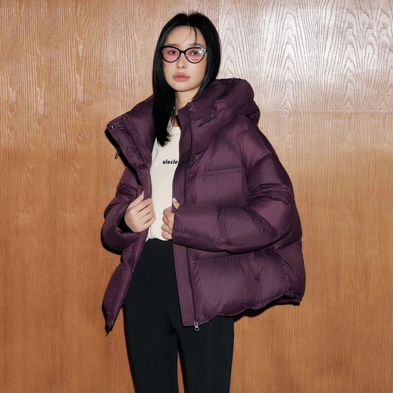 

Winter White Duck Down Hooded Short Down Jackets Women Loose Solid Zipper Warm Jacket Female Thick Warm Quilted Parka Outwears
