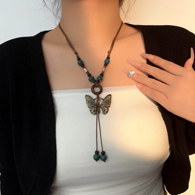 Narodowy styl kolorowe koraliki motyle naszyjnik kobiecy Temperament cienki sznur łańcuszek do obojczyka regulowany łańcuszek biżuteria