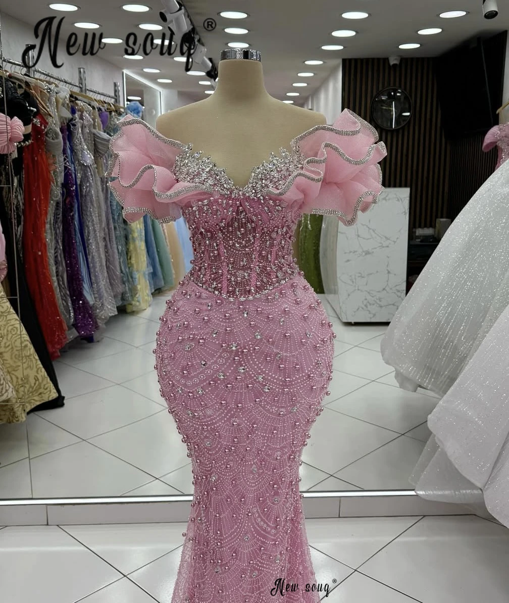 Midi Long Pink Pearls Dress For Wedding Party Customized Ruffles Off Shoulder Prom Dresses Arabic Beaded Wedding Events Gowns