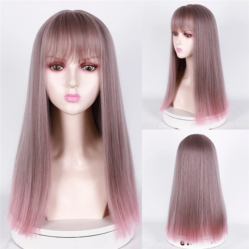 RANYU Long Light Purple Synthetic Stranght Wig with Bangs for white Women Cosplay Party Halloween Wigs Daily Natural Hair