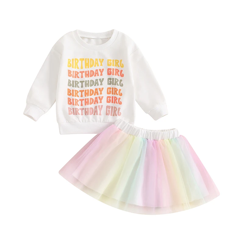 

Toddler Girl Birthday Outfit Letter Print Long Sleeve Sweatshirt and Rainbow Tulle Skirt Set for Baby Fall Cute Clothes