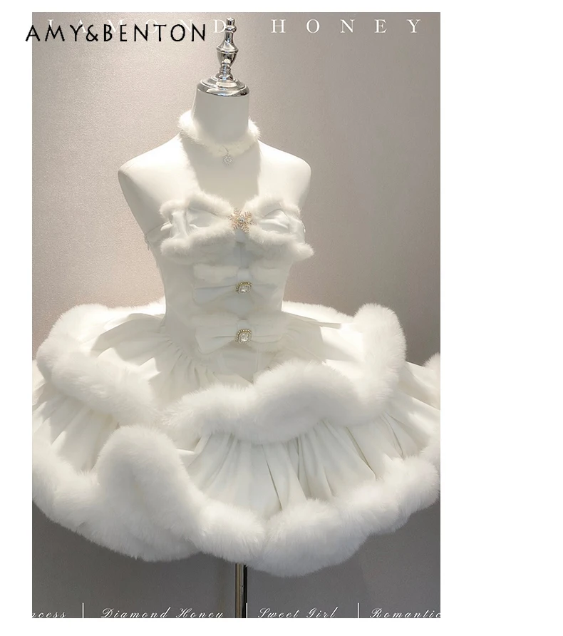 Graceful Elegant Ballet Style Princess Puff Evening Dresses Autumn Winter Off-Shoulder Strapless Plush Multi-Layer Mini Dress