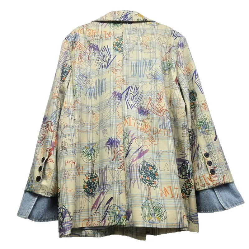 Frühling Mode Hand Bemalt Graffiti Print Frauen Anzug Jacke Lose Beiläufige Kerb Kragen Langarm Weibliche Blazer Streetwear
