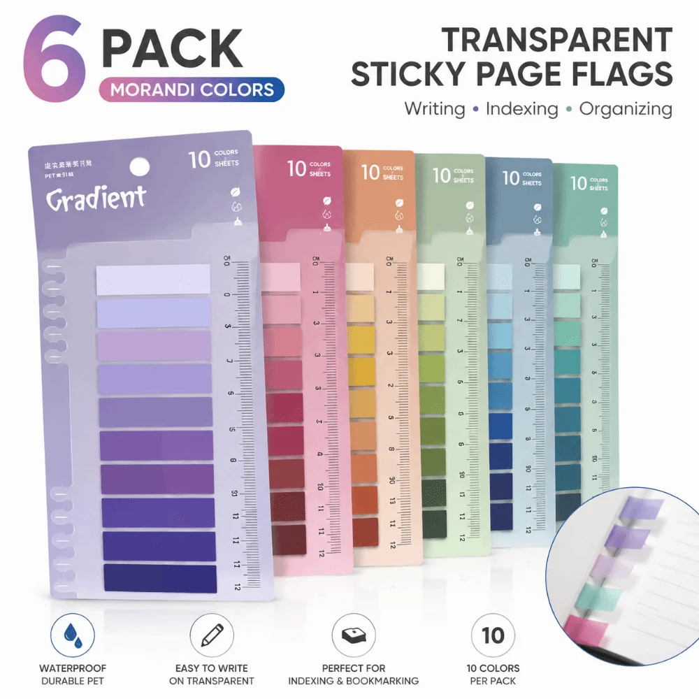 6pcs Transparent Index Memo Pads Bookmark Ruler PET Index Stickers Morandi Color Self-Adhesive Stickers School Stationery