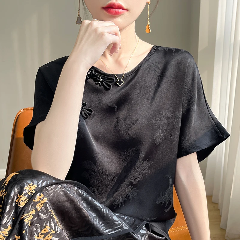 قميص حريري بأكمام قصيرة على الطراز الصيني، تي شيرت حريري، تصميم رقيق للسيدات، قميص بسيط على الطراز الصيني الجديد، تي شيرت جاكار