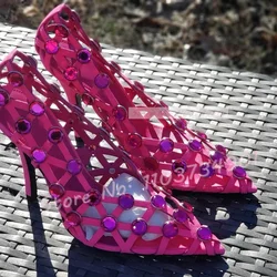 Pink Crystals Flock Pumps Women Pointy Toe Hollow Stiletto High Heels Shoes Ladies Shiny Leather Gems Sexy Chic Solid Pumps