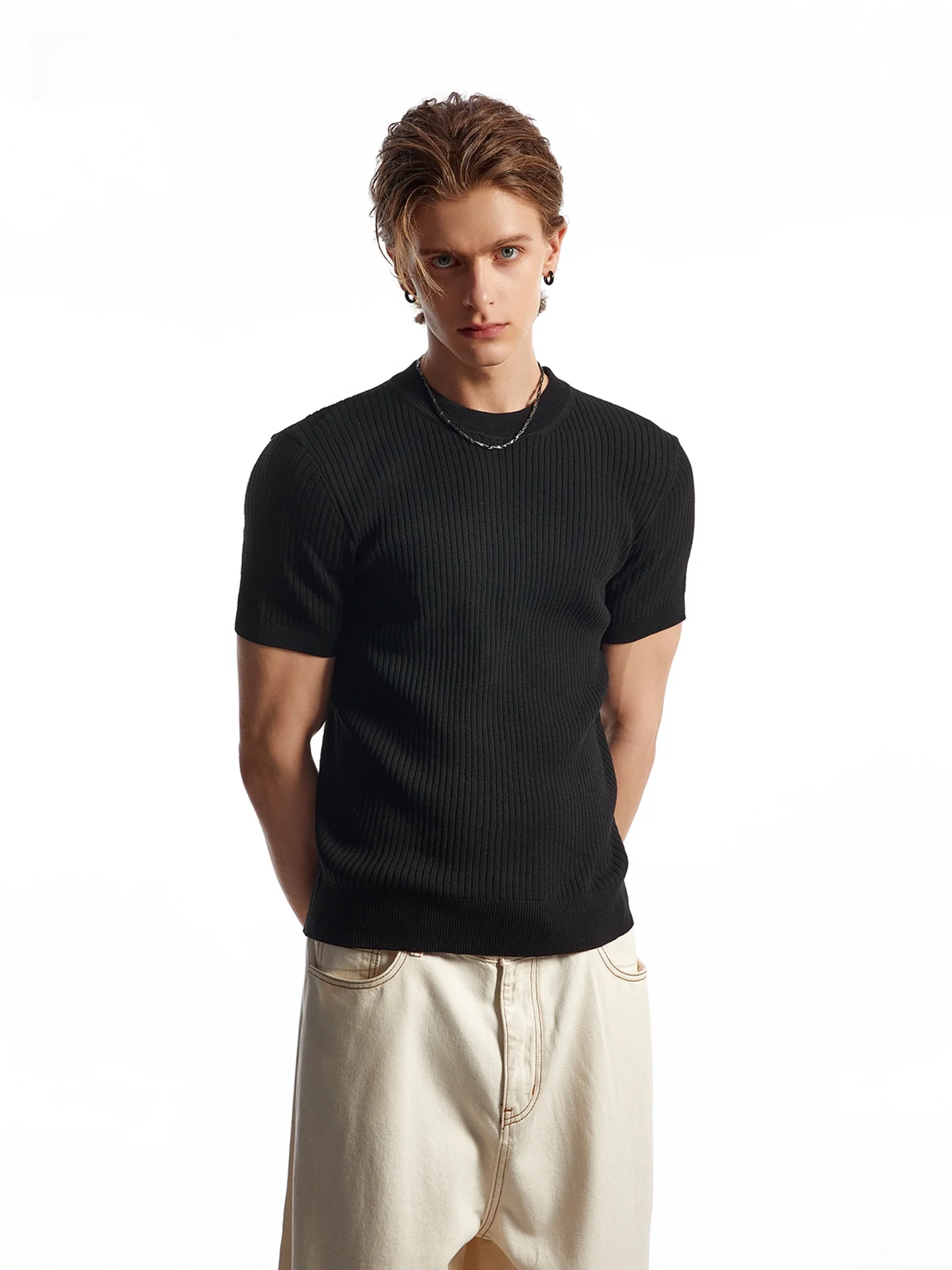 SDMADE American Cleanfit Plain Color Knitted Short Sleeve Linen Men's T-shirt Breathable High Sensation Summer Wear