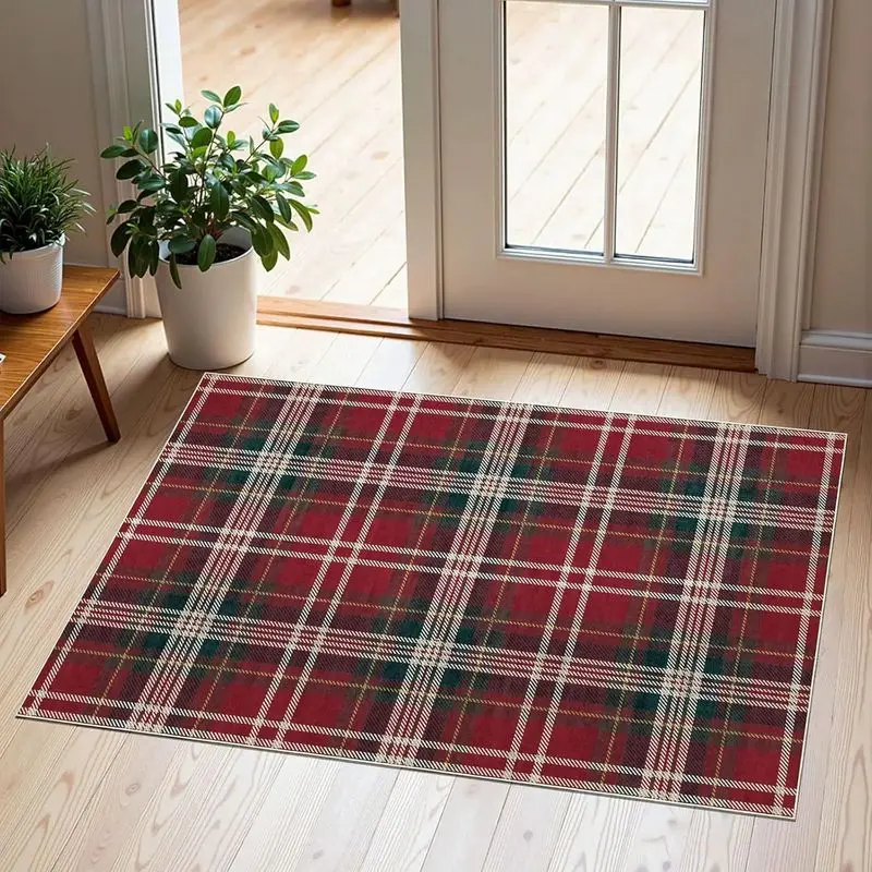 VIKAMA Red Green Buffalo Check Welcome Mat Grip Backed Entryway Carpet Traditional Floor Padding Space Decor Festive Accent Soft