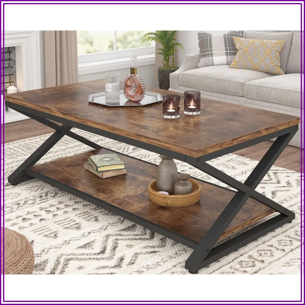HSH 47 Inch Rectangle Coffee Table with Storage for Living Room, Rustic Brown