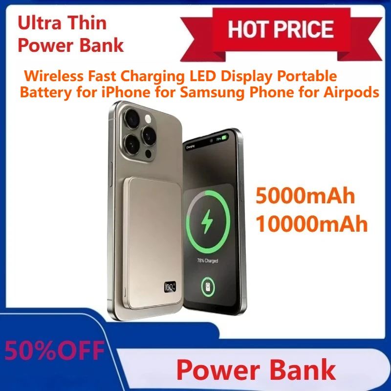 

Ultra Thin Power Bank for MagSafe,Magnetic Wireless Fast Charging LED Display Battery for iPhone for Samsung Phone for Airpods