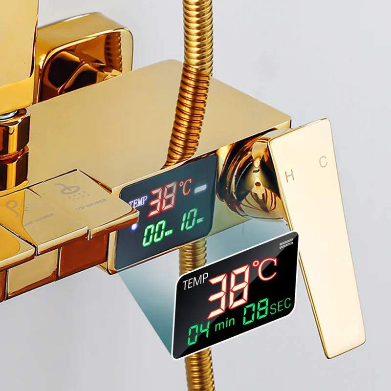 الذهب البيانو شاشة ديجيتال الحمام دش مجموعة النحاس الحمام صنبور الملحقات ثرموستاتي نظام دش الحمام الرقمي #3