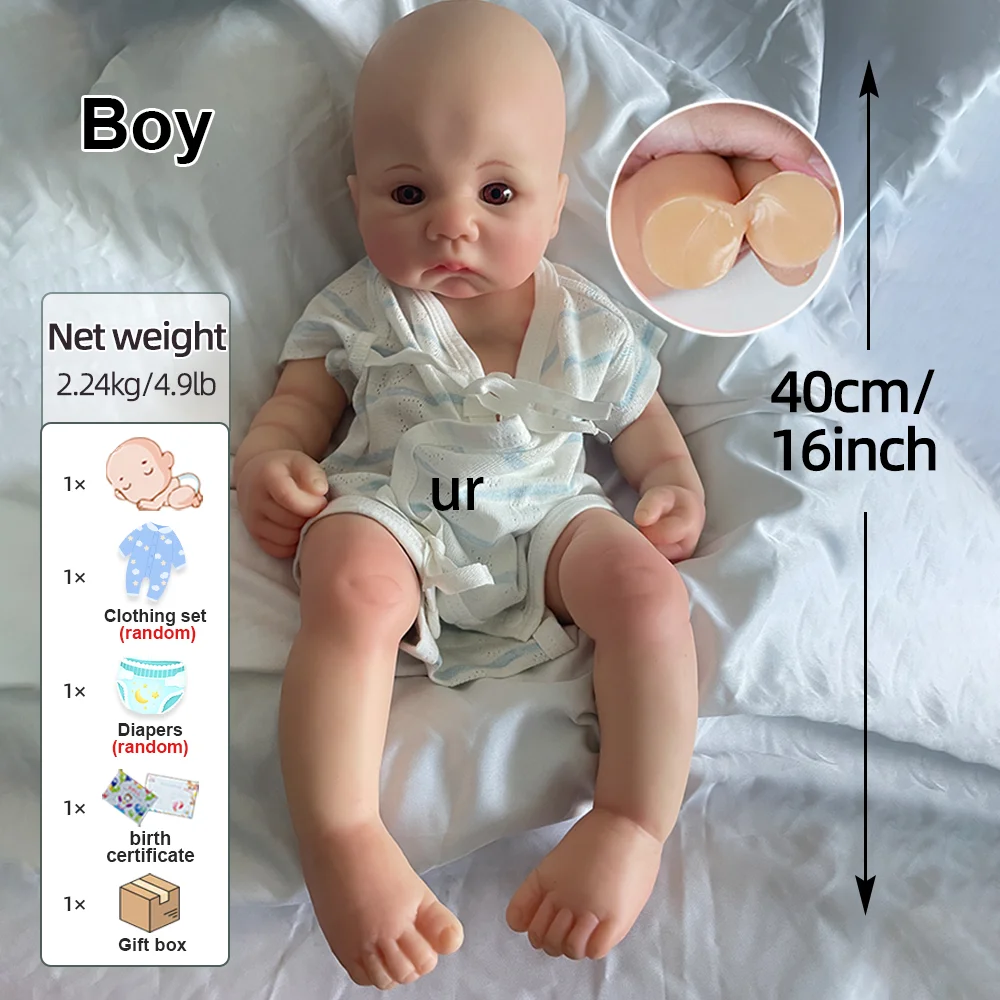 Realistic 16" Silicone Reborn Baby Doll Boy Handcrafted Art Newborn Doll For Artist Collectors Holiday Presents