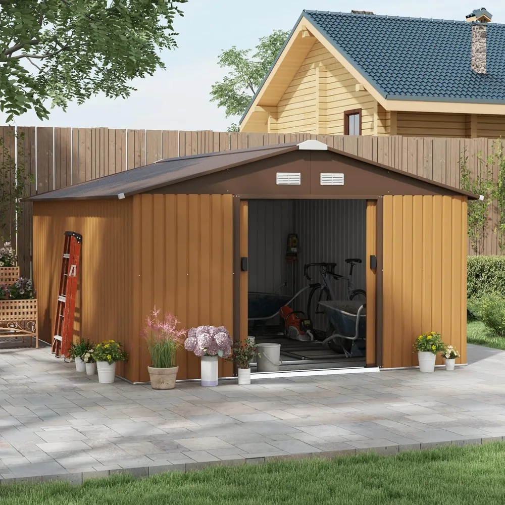 11 x 13 FT outdoor storage shed, garden tool room with foundation kit, 4 ventilation openings and 2 sliding doors