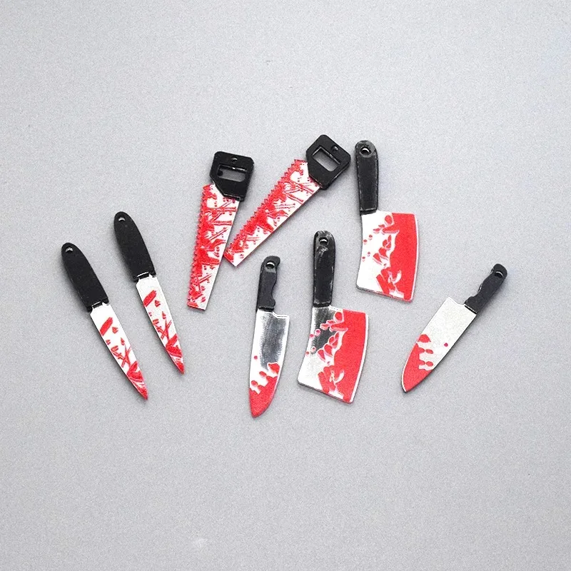 10Pcs Funny Spooky Bloody Knife Saw Acrylic Pendants Double-Sided Halloween Charms Accessories for Handmade Earrings Keychains