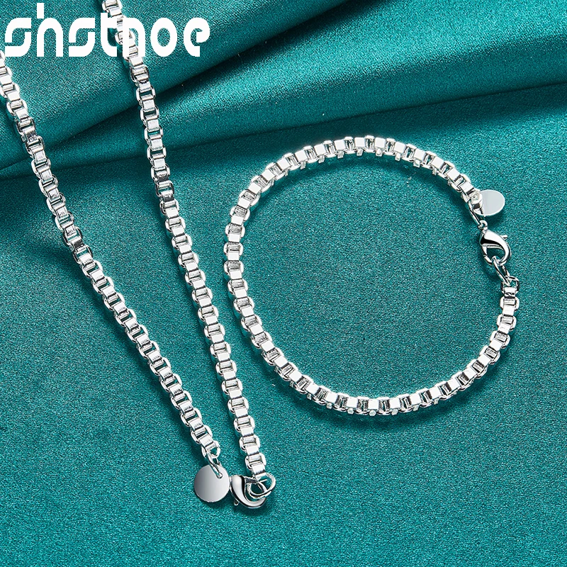 SHSTONE 2pcs 925 Sterling Silver 4mm Box Chain Necklace Bracelets Fashion High Quality Jewelry Sets For Woman Men Party Wedding