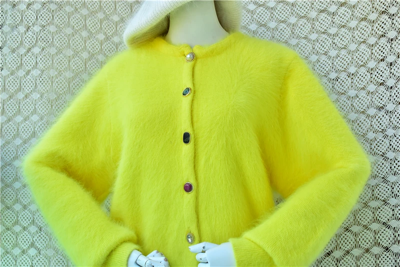 Ladies Women Autumn Winter Fashion Yellow Hairy Angora Rabbit Hair Knit Colorful Buttons Loose Cardigans Sweater Jacket Pull Top