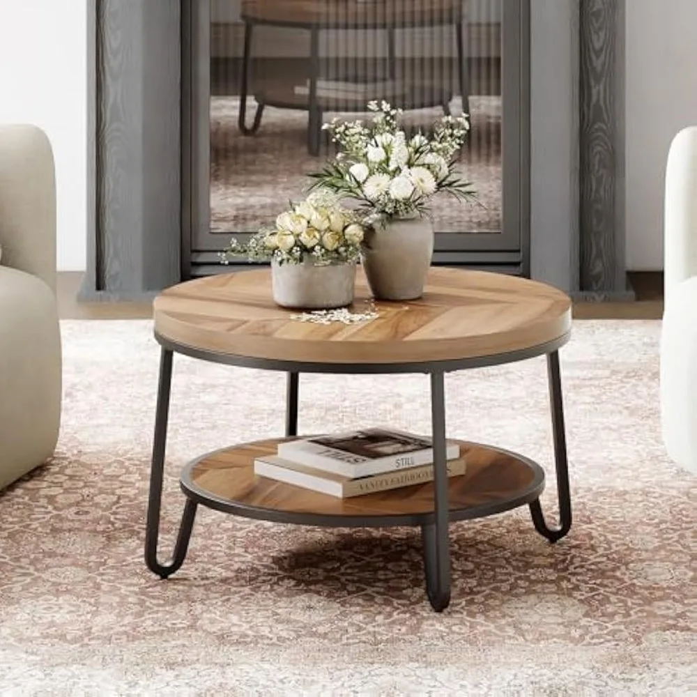

32" Round Coffee Table, Circle Coffee Table for Living Room with 2-Tier Storage Shelves, Center Table with Wood Grain Desktop