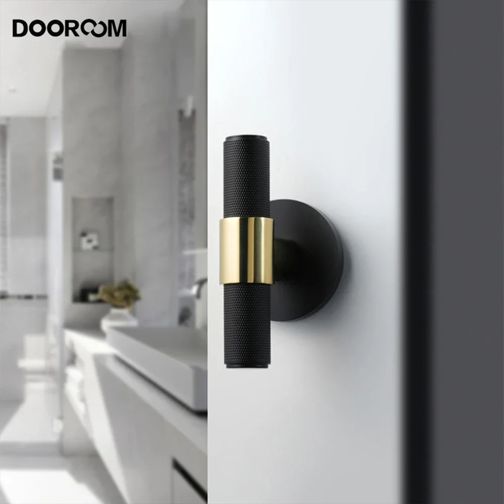 DOOROOM Brass Door Lock Set Black Gold Knurled Hidden Door Dummy Knob Modern T-bar Bedroom Bathroom Double Wood Door Lock