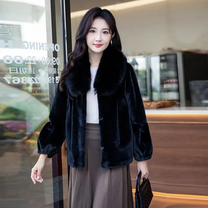 Fashion Faux Fur Coat Women's Mink Fur Short Overcoat Double-faced Fur Jackets Fox Fur-collar Streetwear Outerwear Autumn Winter